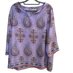 Violet & Claire Purple Paisley Blouse Split Neck 3/4 Sleeve Tunic Plus Size 2X